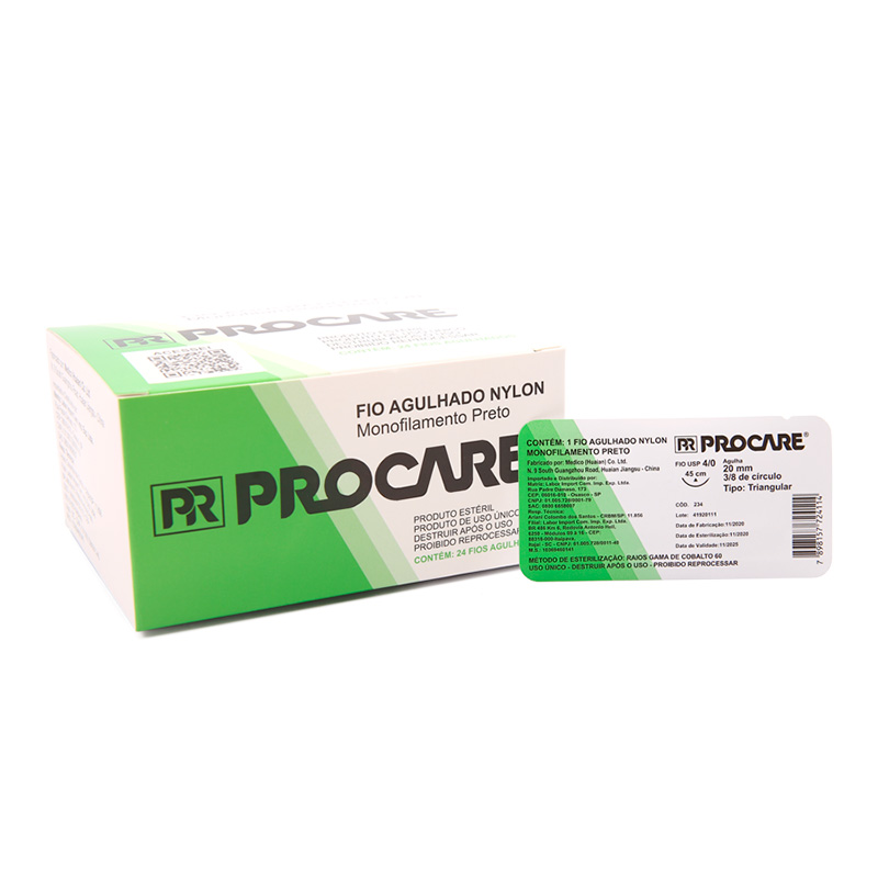 Fio de Sutura de Nylon Preto 4,0 CC 3/8 Agulha 2,0 cm 24unid. - Procare