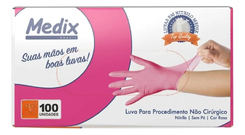 Luva Nitrílica Rosa Sem Pó - Medix